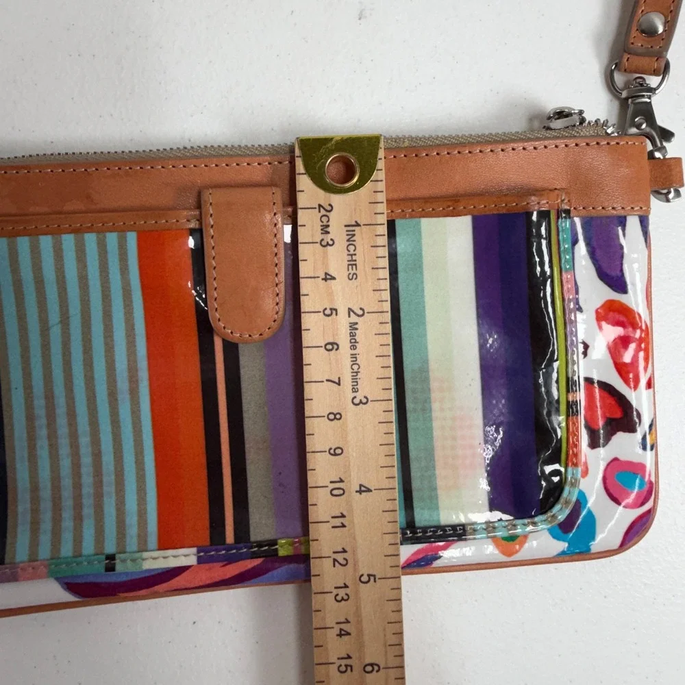 Consuela White Swirly Legacy Wristlet Clutch Wallet Floral Striped Leather Trim